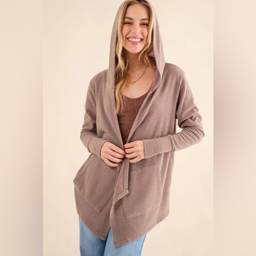 Hooded Flowy Mocha Tunic Length Hooded Cardigan w/ Pockets Available S, M, L, XL